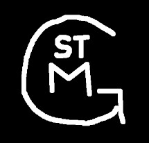 a few letters in a strange layout. There's a big letter G. Inside the G are 3 letters: ST together, and then under that an M.