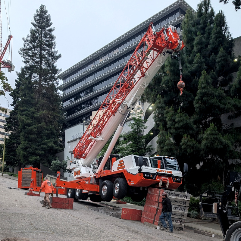 crane on a steep hill. Also a little bit of a forklift that's carrying around railroad-tie-sized blocks of wood, some of which are propping up bits of the crane to level it out