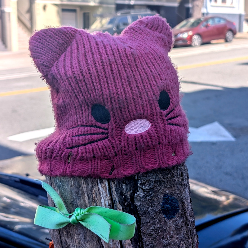 A pussyhat decorated with Hello Kitty face pulled over a tree stump. also attached to the stump: a ribbon tied in a bow