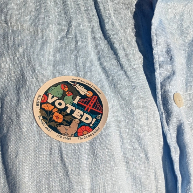 San Francisco's 'I voted' sticker on a blue button-down shirt. The sticker's pretty cool, depicting parrots, a seal, the Golden Gate, golden poppies, etc