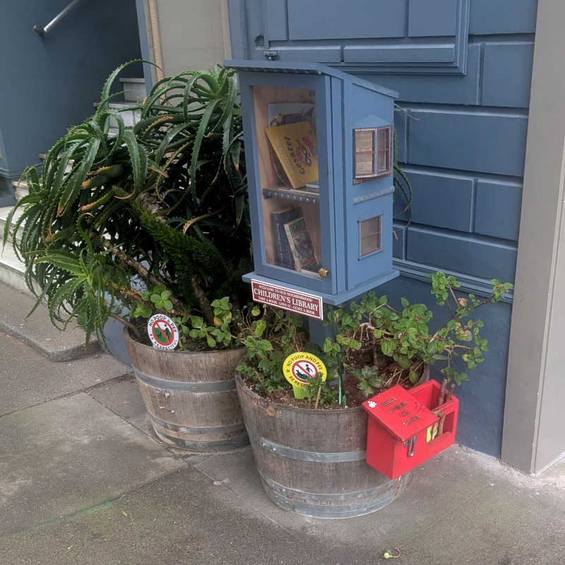 a couple of 'libraries' out in front of a blue building. The bigger one has books and is labeled for children. It is painted blue and styled with a fake bay window and other deco to resemble the building behind it. There is also a red box, a library for dogs albeit not obviously because you probably can't read the label from this far away