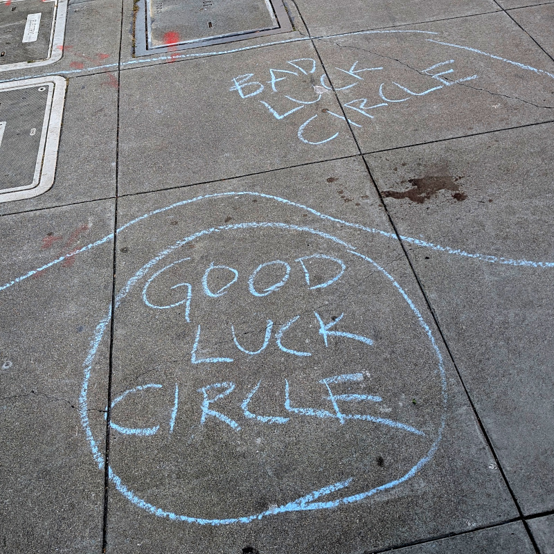 patch of sidewalk with some chalk drawings on it. there is a circle with the words 'good luck circle' (all caps) inside. There is a larger, more chaotic shape with the 'bad luck circle' (all caps) inside. Also a small stain, like maybe somebody spilled coffee? Gee, I hope that's not blood; that would make the Bad Luck Circle pretty grim