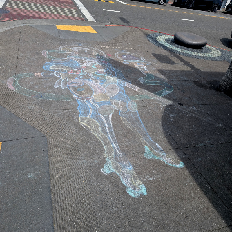 sidewalk chalk art: swordswoman in mechanized armor with a pufferfish sidekick