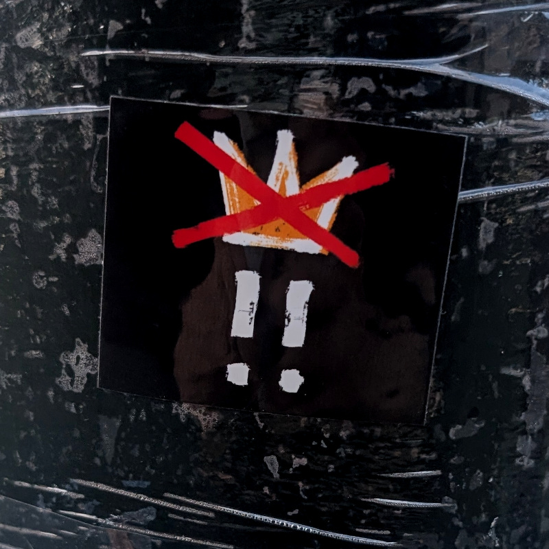 utility pole with a 'No Kings' sticker