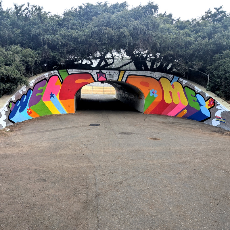 graffiti-looking mural around a tunnel entrance says 'welc ∩ ome!' with a couple of stars and flower-power things