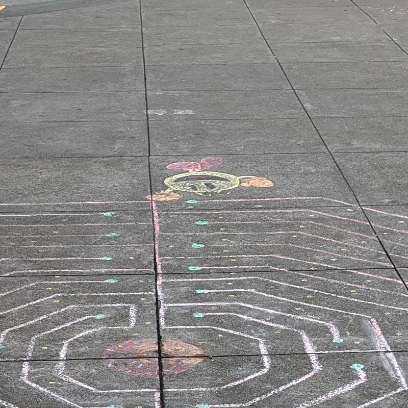 sidewalk chalk art: zooming in on the Pac-Man on top of the octagon