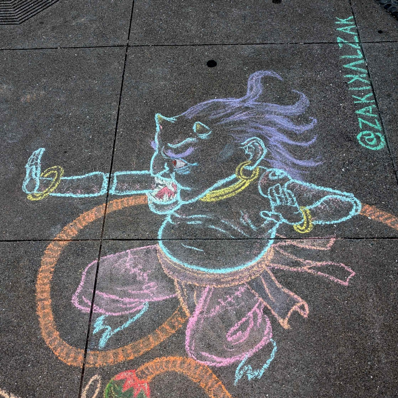 sidewalk chalk art: zooming in on one of the imps. pretty fierce facial expression