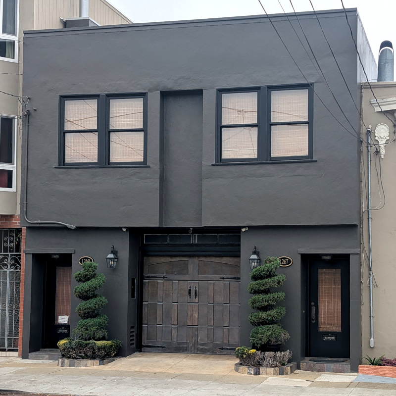 When your home is so boring you try to rescue it with a couple of Dr Seuss-esque helical topiary tree thingies