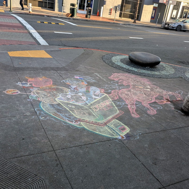 sidewalk chalk art: a horse with a Chinese-painting-ish-flames-mane looks at a delivery scooter