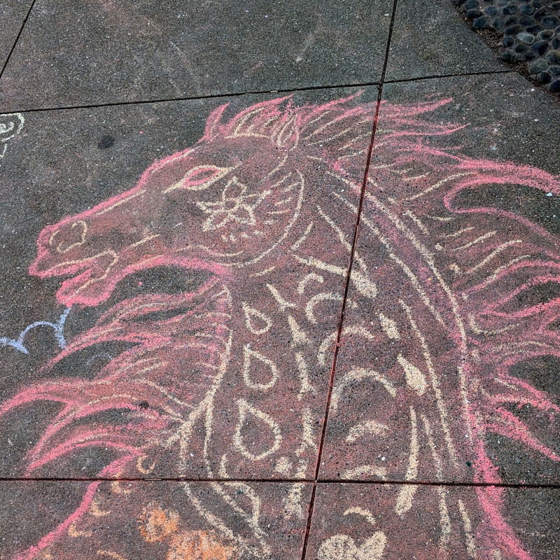 sidewalk chalk art: zooming in on the fire horse's head