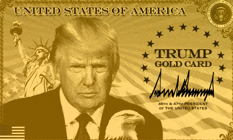 screen shot of Trump Gold Card. Trump's face in yellow with fake stipple; also the Statue of Liberty and a bald eagle and it just keeps going