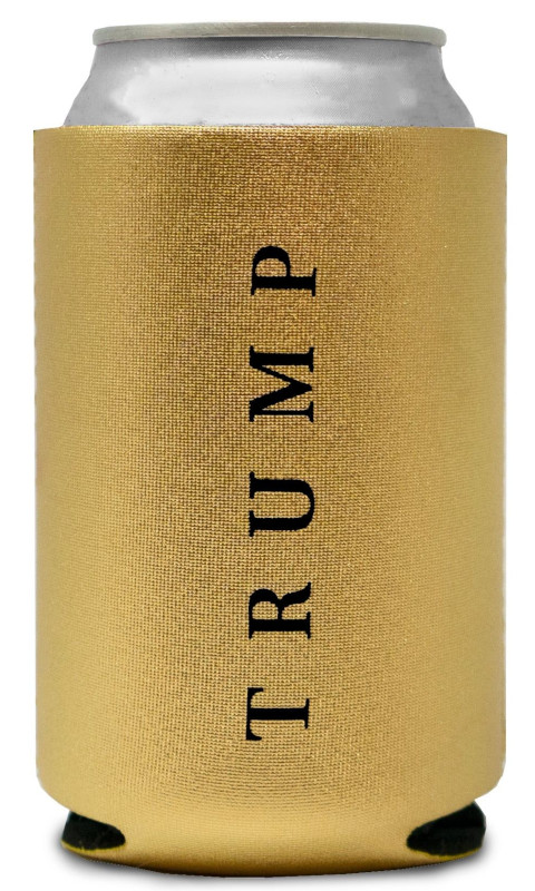 yellow neoprene drink cozy with "Trump" in all-caps